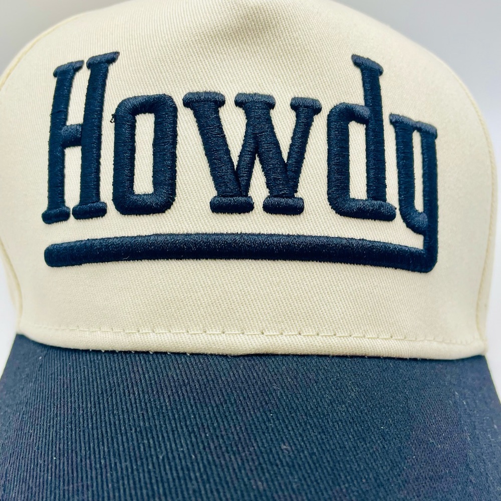 Howdy Embroidered 2 Tone Trucker Hat - Cream & Black. Cowboy Image on Side - Picture 2 of 7